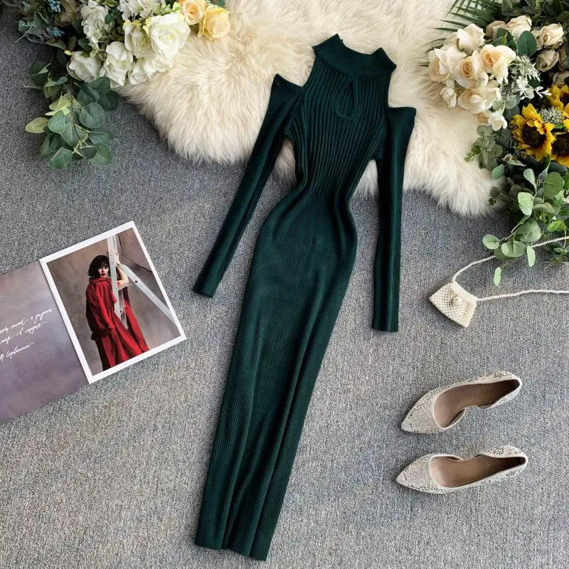 

Hollow Strapless Long-sleeved Dress Women's Early Autumn New Style Foreign Style Stand-up Collar and Hip Knitted Skirt