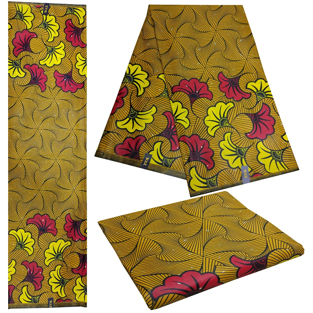 

New Kwanzaa Wax Batik Fabric Apricot leaf Print Gold African Wax Fabric