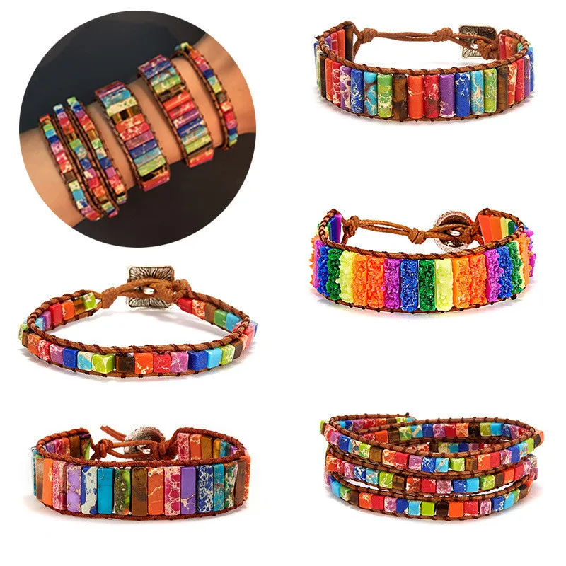 Модный кожаный браслет в этническом стиле несколько типов Императорский камень