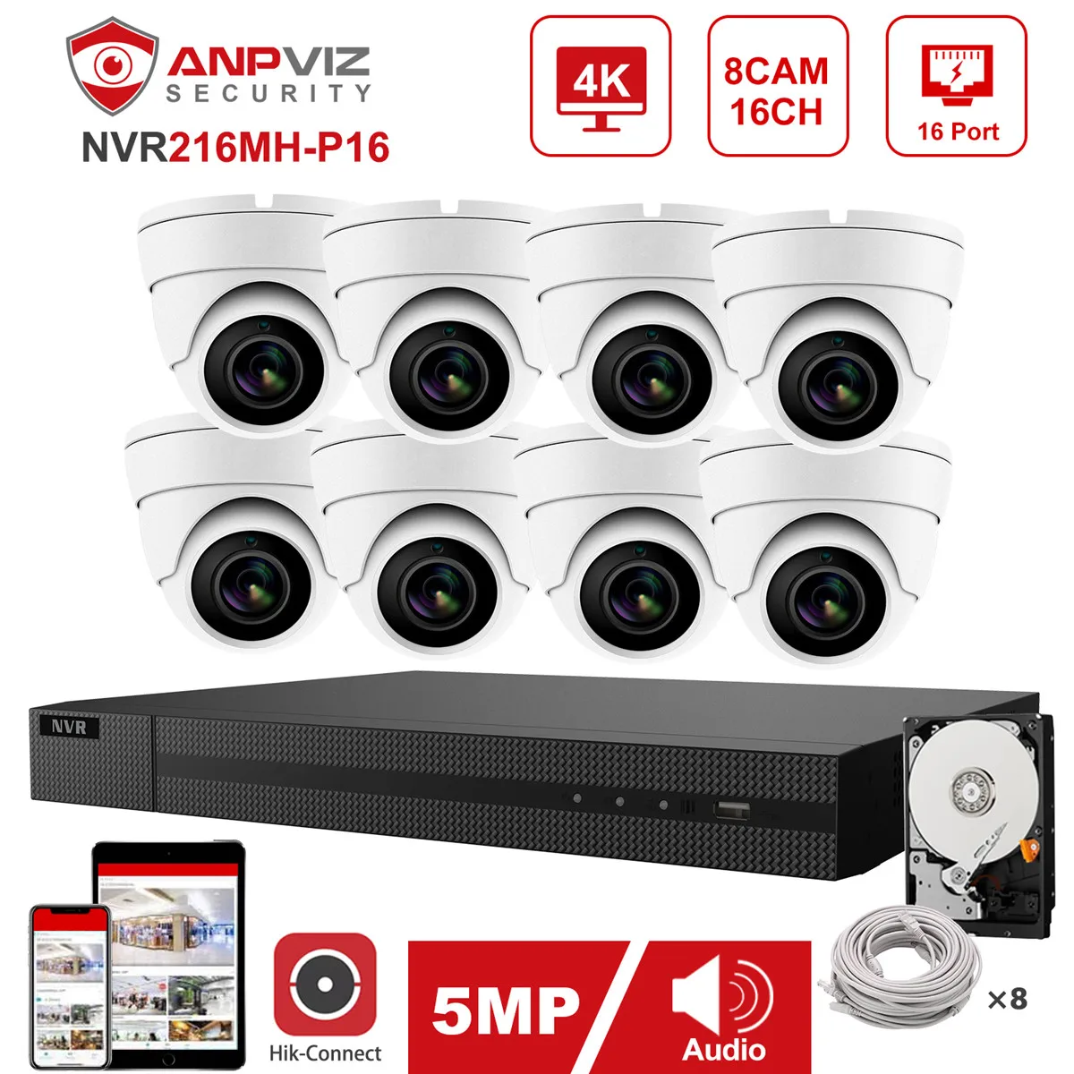 

Hikvision OEM NVR 16CH 4K Anpviz 8pcs 5MP POE IP Camera System Indoor/Outdoor IP Camera CCTV Security Surveillance Kit IP66 30m