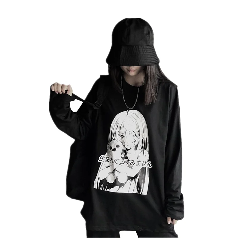 Корейский Ulzzang женские Топы Harajuku уличная одежда с длинным рукавом Графические