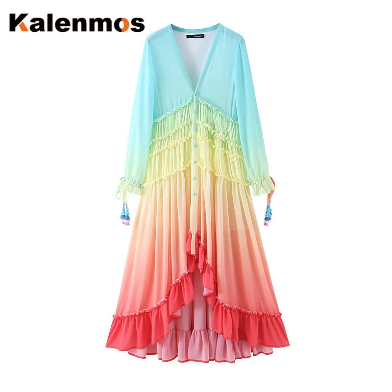 Maxi Dress Women Rainbow Gradient KALENMOS Summer Boho Long Sleeve Elegant Beach Cardigan Loose Ocean Chic Evening Party Vestido | Женская