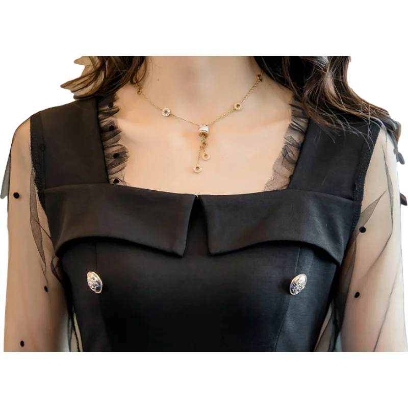 2020 корейское сексуальное платье маленькое черное Сетчатое двубортное в горошек