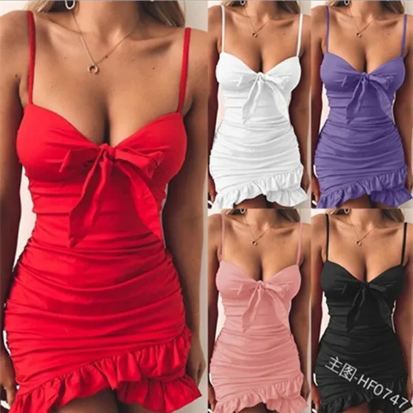

WEPBEL Sexy Dress V Neck Irregular Ruffles Slim Strap Summer Women Sleeveless Bow Backless Party Mini Dress