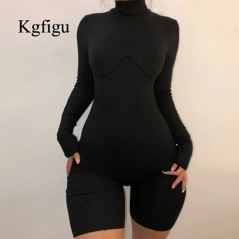 

KGFIGU 2021 Новое поступление женские весенние черные сексуальные шорты комплект облегающее повседневное боди с длинным рукавом
