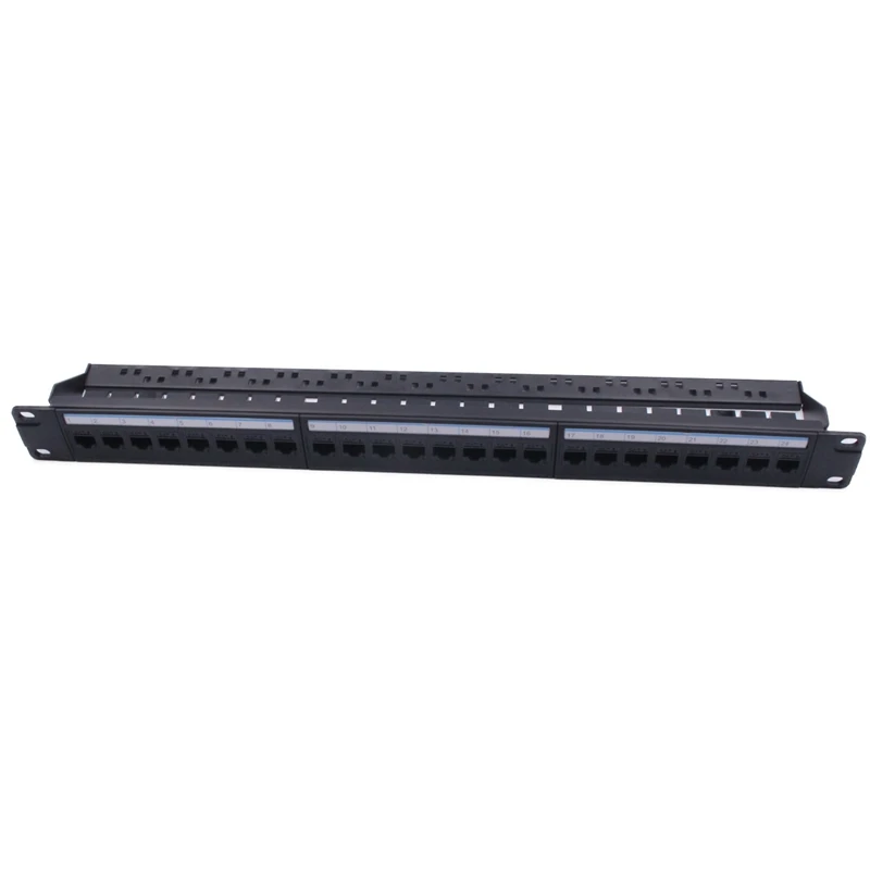 19in 1U 24 Port Straight-Through CAT6A Patch Panel RJ45 Network Cable Adapter Keystone Jack Ethernet Distribution Frame