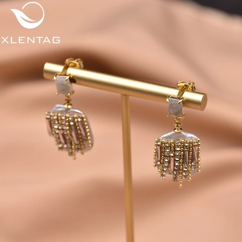 Женские серьги подвески XlentAg пресноводный барочный жемчуг с цирконием роскошные