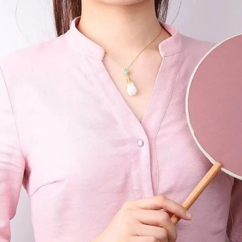 

New ancient gold craftsmanship inlaid natural Hetian magnolia white necklace pendant light luxury elegant ladies silver jewelry