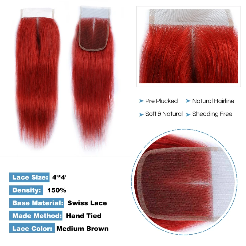 Remy синие волосы бордовые пучки с закрытием прямые бразильские 4 пучка красные