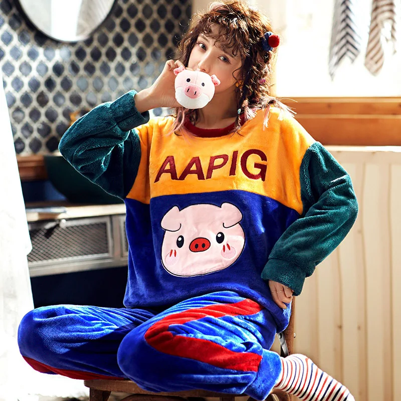 Orange-1 Adults Autumn Winter Women Pyjamas Sets Thick Warm Pajamas Suit Flannel Long Sleeve Female Soft Coral Velvet Pants Sleepwear - Цвет: Orange-1