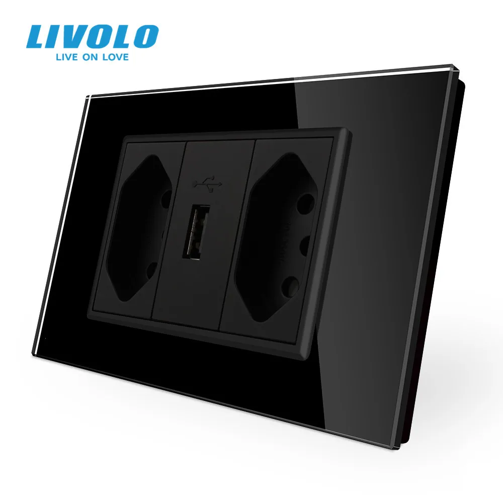 Стандарт Livolo бразильский 3 штыря 10 А 20 с USB разъемом белая/черная стеклянная