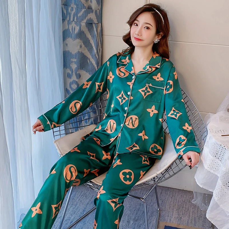 

Pajamas women's summer ice thin sweet lovely long sleeve trousers silk simulation spring and autumn home wear two piece suit