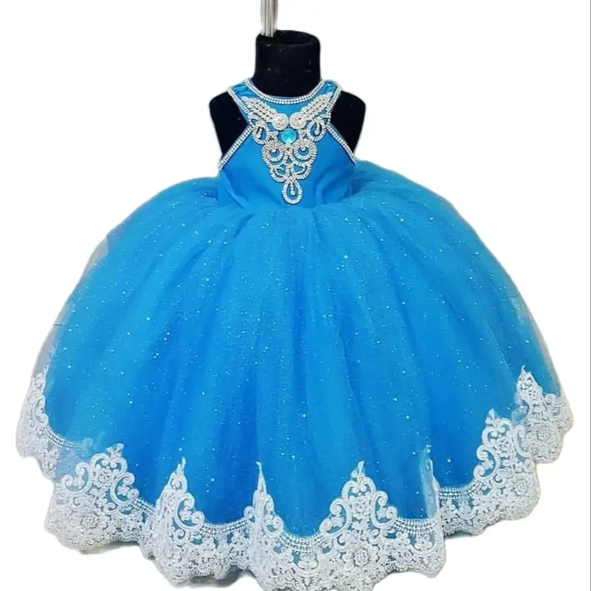 

Платья для девочек с цветами, синее Тюлевое белое кружевное аппликационное детское платье без рукавов, Каскадное детское Пышное Платье на свадьбу, детское платье на день рождения