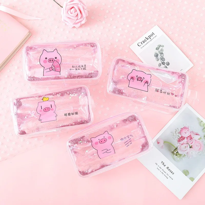 Cute PVC Pig Pencil Case Colorful Transparent Quicksand Girl Pen Bag Creative Korean Stationery School Supplies Pouch Kids Gift |