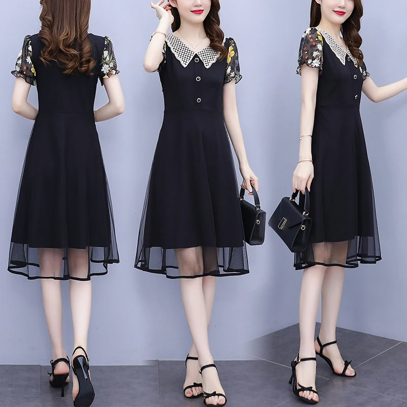 

Women One Piece Korea Dress Summer 2021 Office Lady Patchwork Solid Floral Print Short Sleeve Chiffon Mesh Zipper Dresses Traf