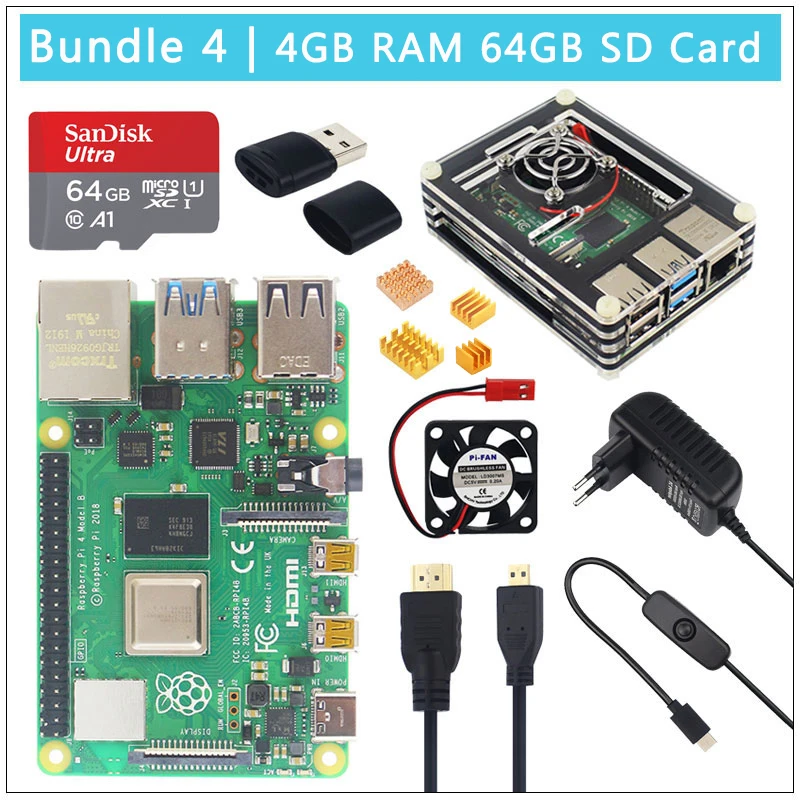 Raspberry Pi 4 модели B 1/2/4GB Оперативная память BCM2711 Cortex-A72 ARM v8 2,4/5G, Wi-Fi, Bluetooh 5,0 вариант SD картой памяти на 32 Гб | Чехол | Мощность | HDMI - Комплект: Комплект 4
