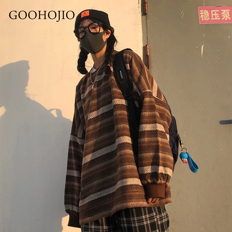 

GOOHOJIO 2021 New Autumn and Winter Loose Sweater Women Retro Oversized Women Sweaters Stripe Fashionable Pullover for Women