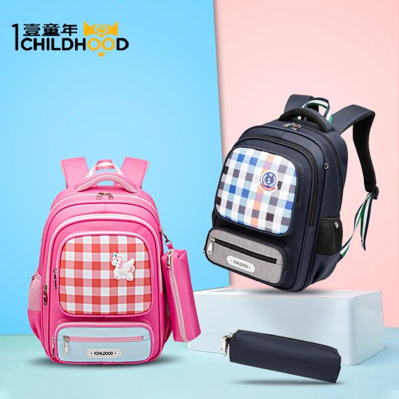 Школьный ранец для начальной школы для мальчиков и девочек, защитный рюкзак в клетку с рисунком