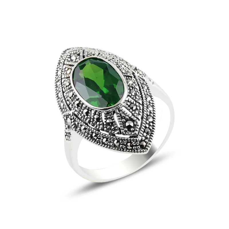 

Silverlina Silver Emerald Zircon & Marcasite Ring