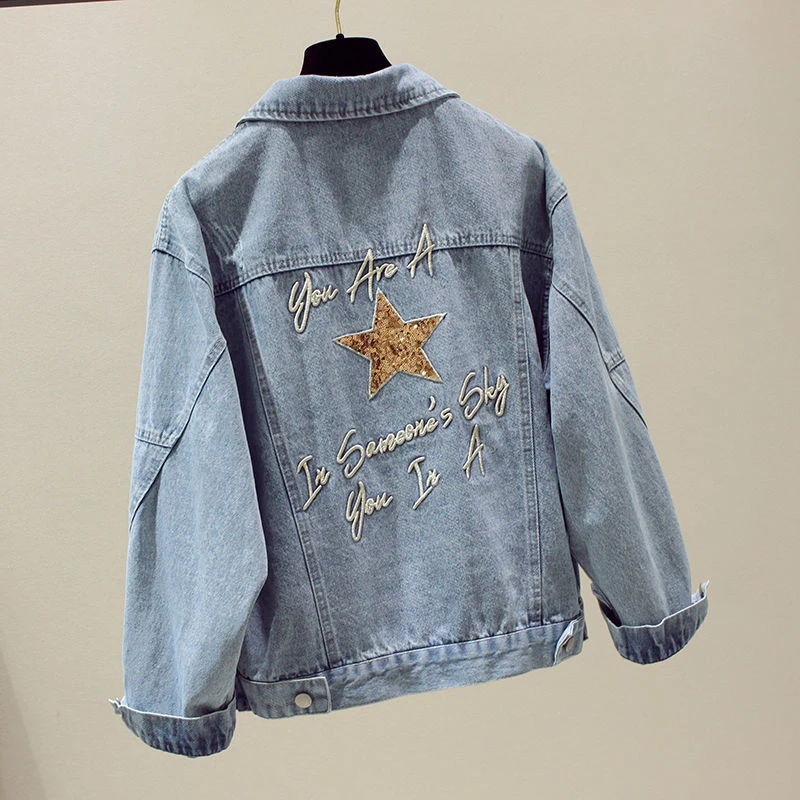 

Chic Denim Jacket Women 2020 Spring New Bf Sequin Letter Embroidered Loose Harajuku Chaqueta Mujer Veste Femme Streetwear Coat