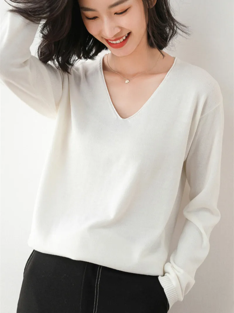

Women's Sweater Large Long Sleeve T-Shirt Autumn Wear New Loose V-Neck Bottom Sweater Women's Top
