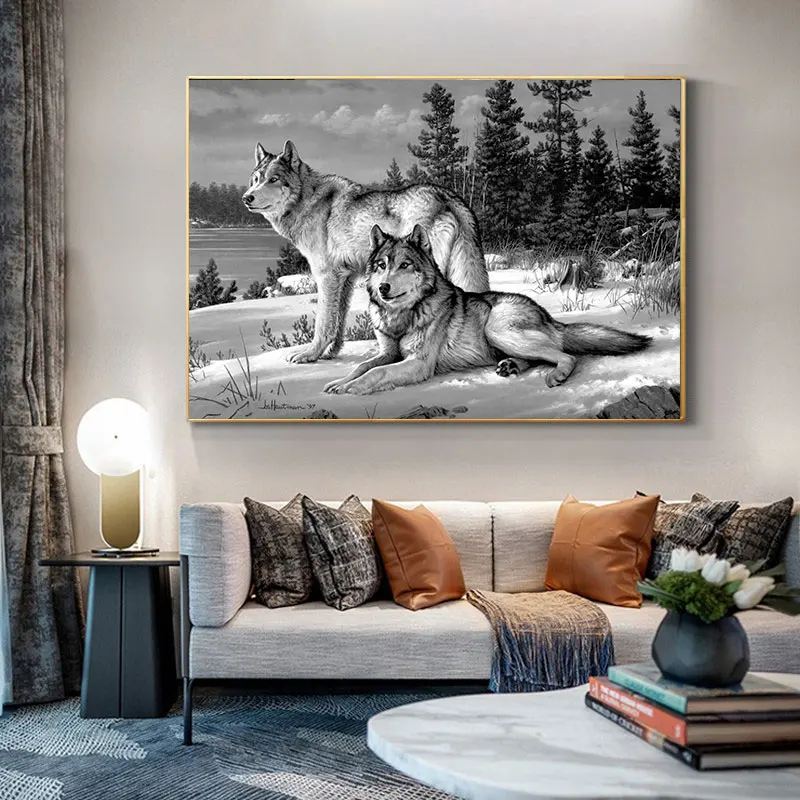 Современный Ретро стиль черно-белый крутой волк животные холст картины плакаты и
