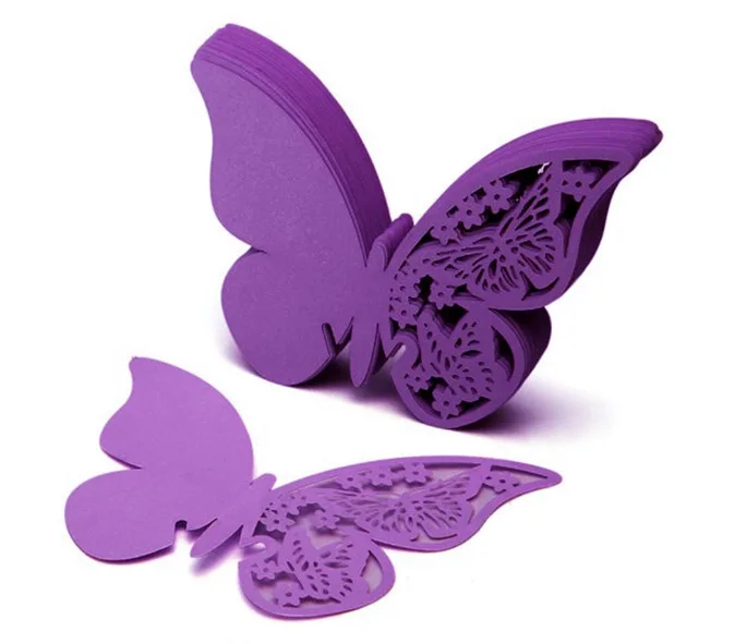 

50PCS/Lot White Blue Purple Pink Name Cards Butterfly Place Escort Wine Glass Cup Paper Card for Wedding Party Home Decorations