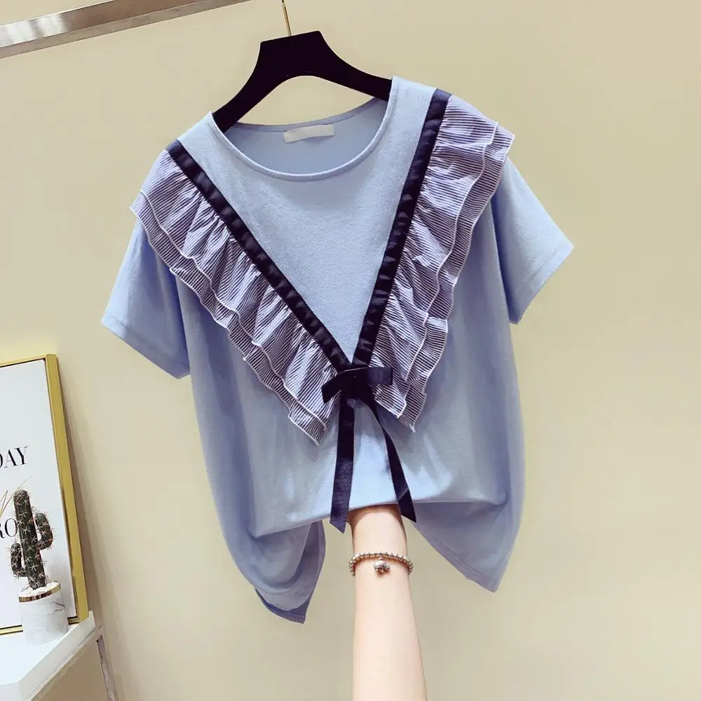 

Striped stitching ruffled lace bow tie short-sleeved t-shirt female 2020 summer Korean loose Short sleeve t-shirt tide