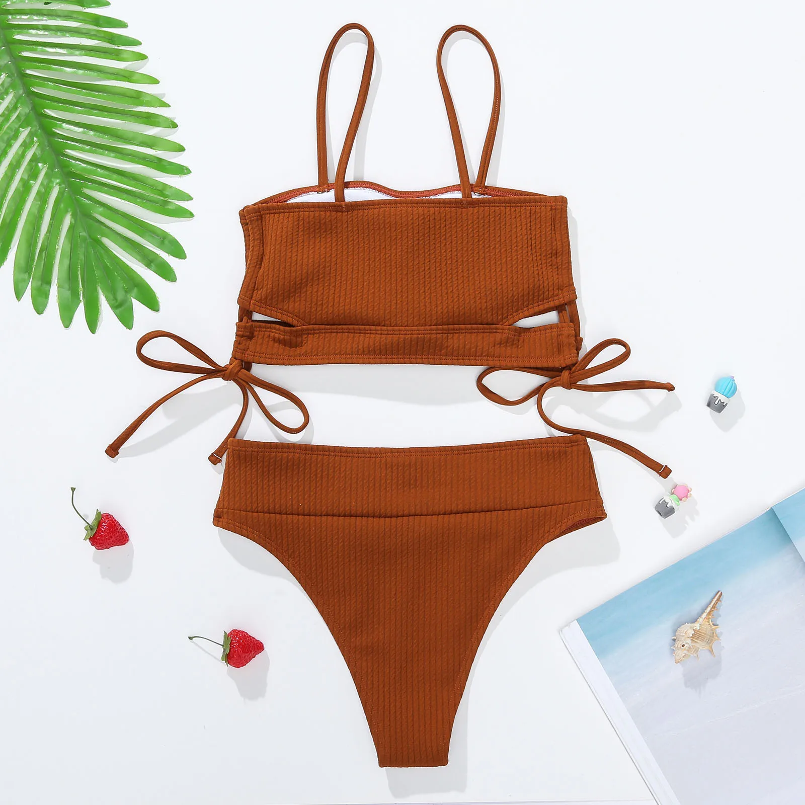 

NEW Sexy Solid Ribbed Swimsuit Women BIKINI Set New Shoulder Lace-up Bathing Suit Tankini Push Up Swimwear Maillot De Bain Girl