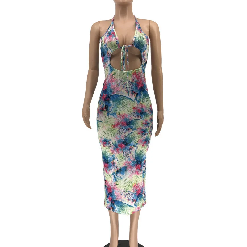 

Tie Dye Print Halter Open Back Midi Dress For Women Bodycon Sleeveless Pencil Midi Long Dresses Summer 2021