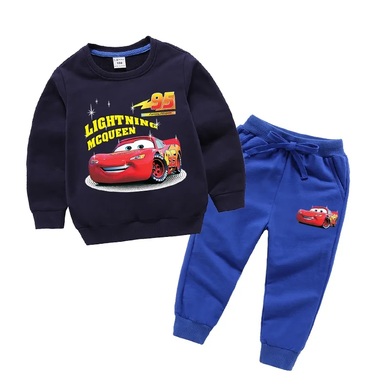 Navy blue-blue Детская наборы Весна и осень новая детская одежда хлопок, Детский свитер+ брюки с героями мультфильмов, костюм для мальчиков, девочек - Цвет: Navy blue-blue