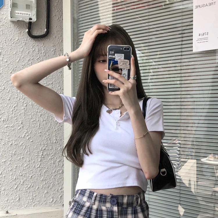 

2086 Female summer 2021 new sweet hot girl design sense niche slim short short-sleeved T-shirt