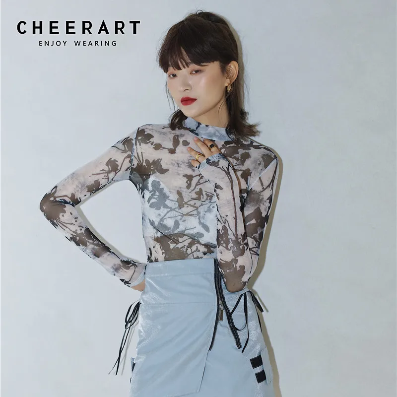 CHEERART чернильная картина водолазка сетчатый топ с длинным рукавом Футболка