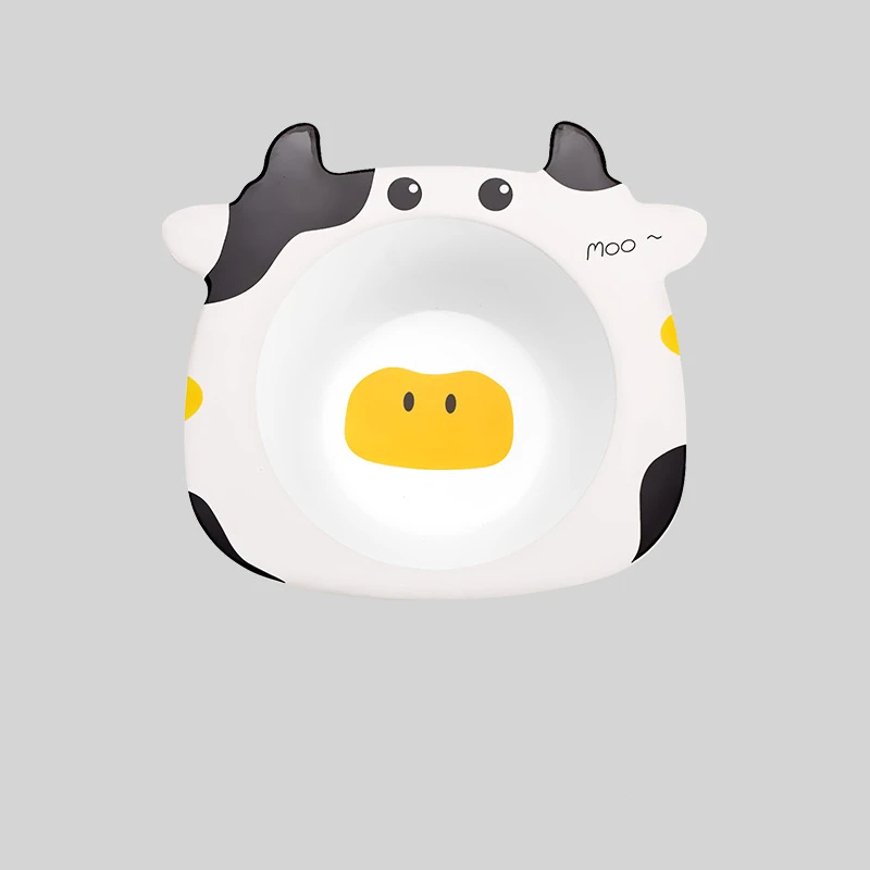 cow Цельная миска для кормления ребенка, эко бамбуковая посуда, нескользящая посуда для кормления, детская посуда, мультяшная детская бамбуковая тарелка - Цвет: cow