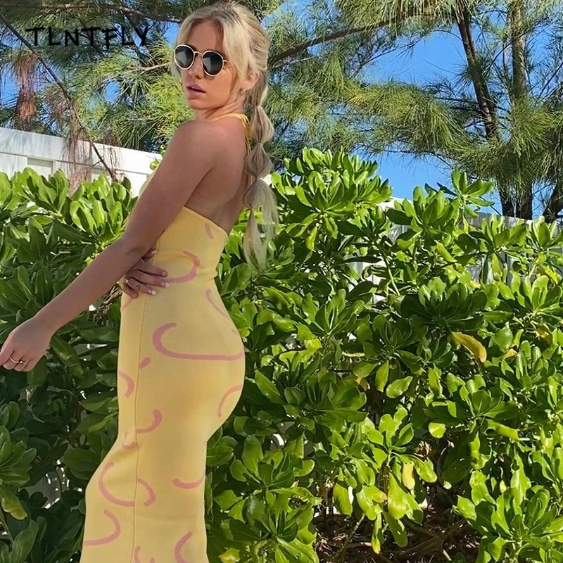 

Knitting Sexy Dress Women 2021 Summer New Design Slim Halter Tie-Dye Woolen A-Line Skirt Party Bohemian Beach Style