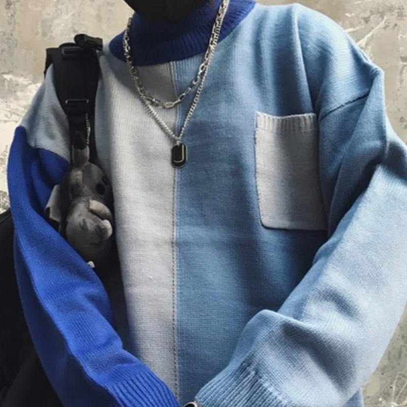 Winter Turtleneck Sweater Men's Warm Fashion Contrast Casual Knit Pullover Men Streetwear Hip Hop Knitting Sweaters Male Clothes