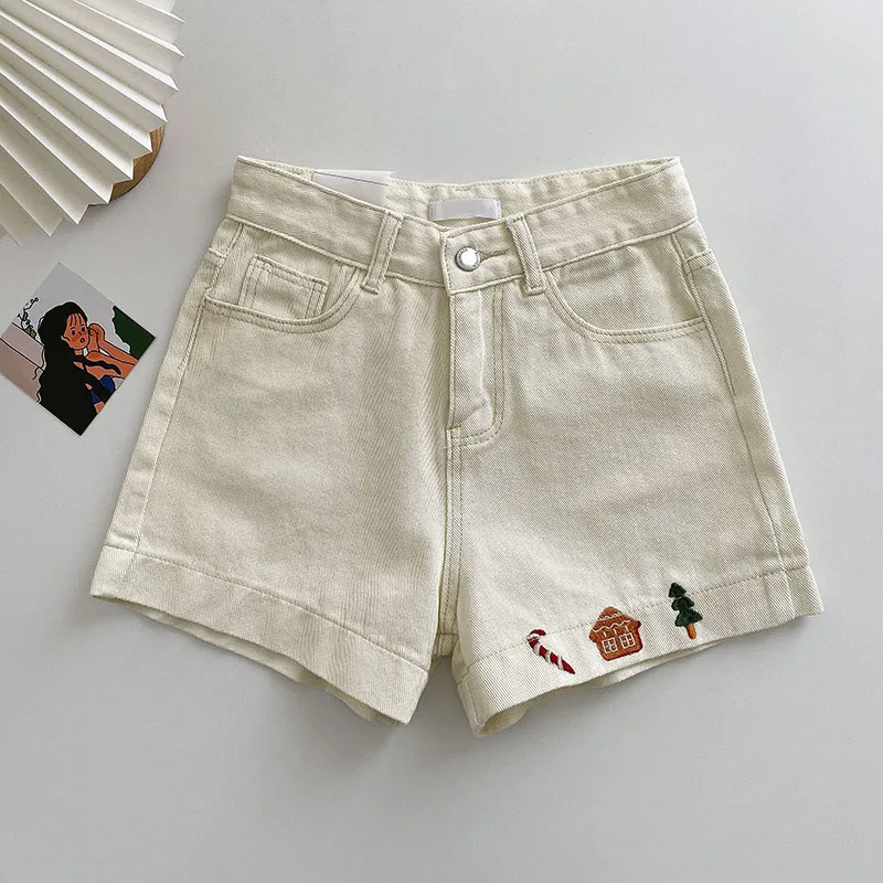 2021 Summer Women Apricot Cute Embroidery Denim Shorts Vintage Simple Slim Shorts Casual Preppy Student Hot Shorts Jean