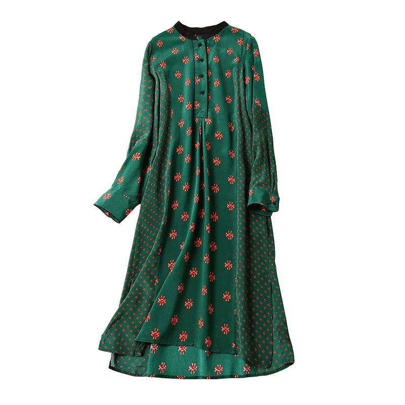 

New Spring Summer 100% Silk Dress Women Fashion Green Floral Shirt Dress Elegant Bohemian Casual Vestidos Mujer KJ2029