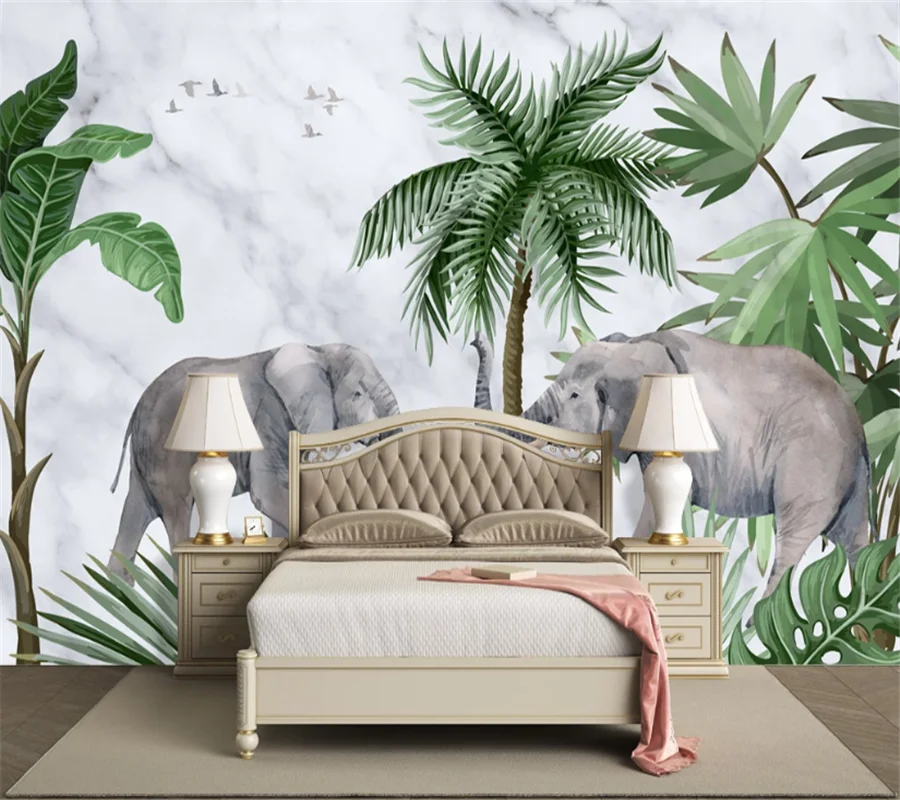 wellyu Customized wallpaper 3d fresh elephant marble pattern plant forest background living room bedroom wall | Обустройство дома