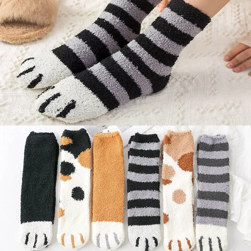 Симпатичная кошачья лапа зимние носки из кораллового флиса Длинные теплые
