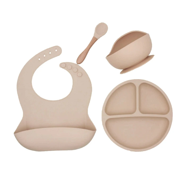4pcs/set BPA Free Baby Silicone Tableware Waterproof Bib Solid Color Dinner Plate Sucker Bowl And Spoon For Children
