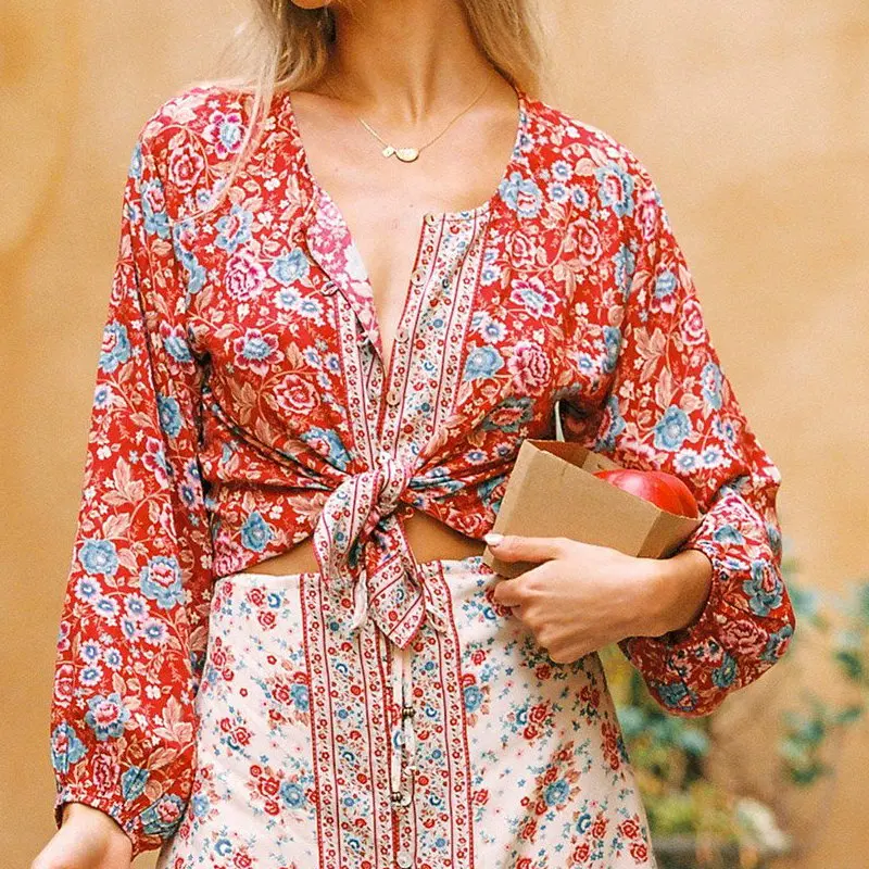 

Boho Chic Red Flower Cozy Blouse Women Spring Summer Casual Raglan Long Sleeve Drop Shoulder Round Collar Cotton Top Beach Style