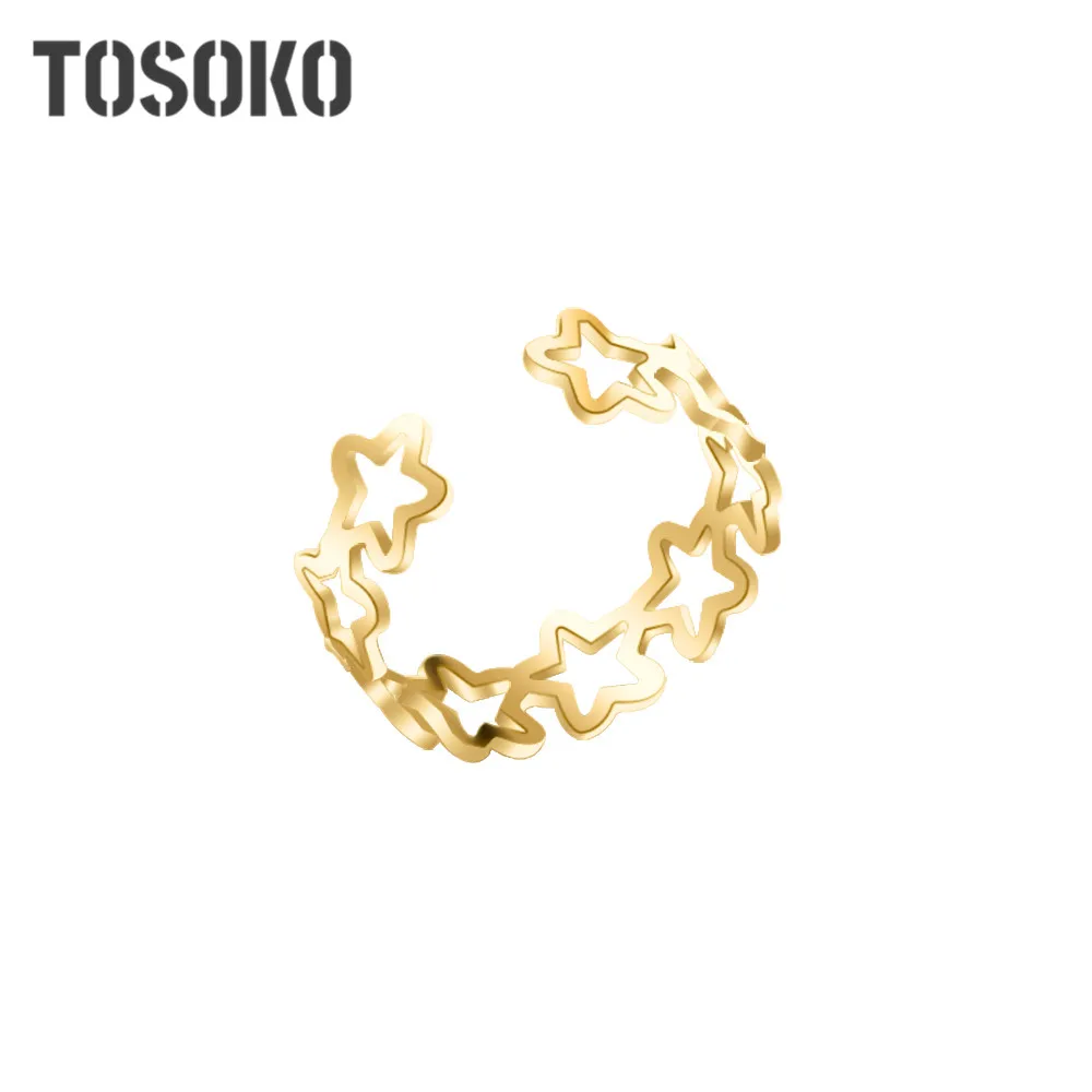 

TOSOKO Stainless Steel Jewelry Hollow Five Pointed Sstar Open Ring Female Playful Ring BSA015