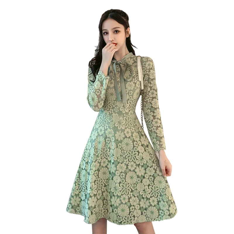 

Real Photos A-line Lace Dresses Girls Bowneck Green Dresses Lady Full Sleeve Fashion Sweet Dress Vestidos For Women