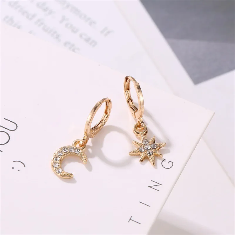 

120 Pairs Crystal Moon Star Earrings For Women Gold Color Earring Dangle Charm Asymmetric Crescent Rhinestone Round Hoop Jewelry