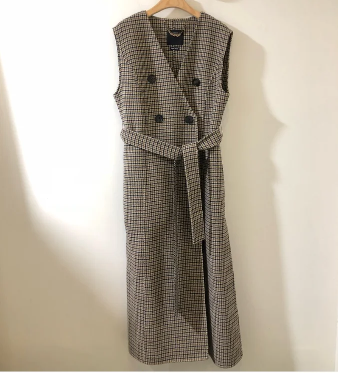 

2020 New Spring Autumn Women High Waist Plaid Vest Woolen Sleeveless Vintage Buttons Lace Up jacket