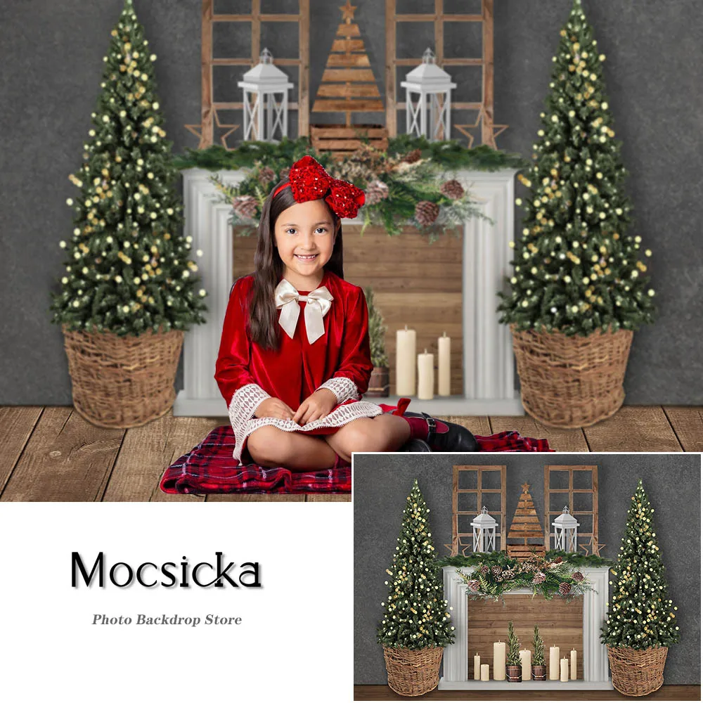 

Christmas Fireplace Photography Backdrops Xmas Tree Candle Decor Gray Wall Professional Photo Props Studio Booth Background