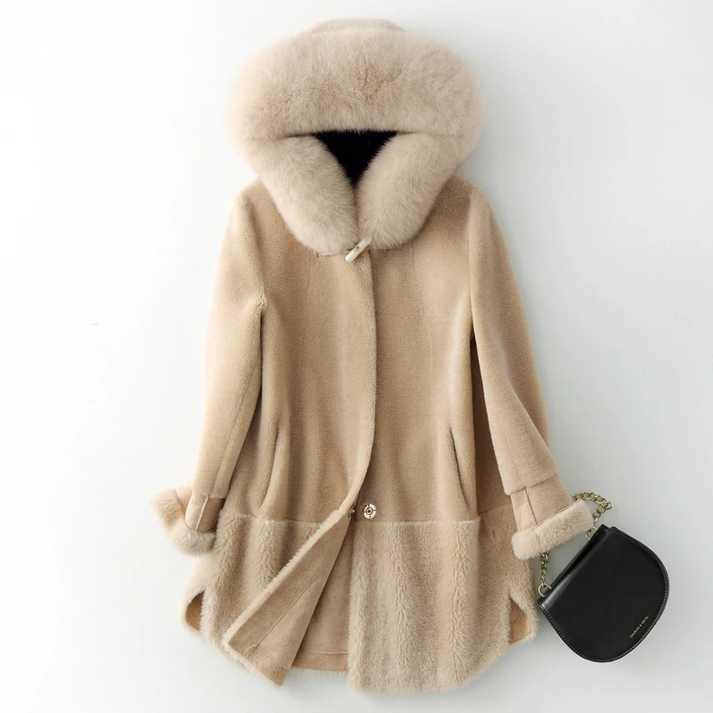 

Новое натуральное пальто для женщин 2020 зимняя куртка с капюшоном и воротником лисы корейские овечьи Дубленки шерстяные шубы и куртки L1993 ...