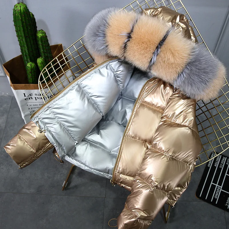 Пуховик женский осенне-зимний с воротником из натурального меха енота | Женская