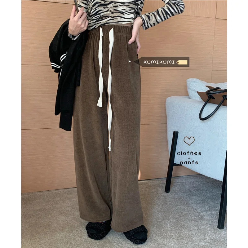 

Coffee Pants Women's Vertical Casual Pants Autumn High Waist Slim Floor Mops Loose Wide Leg Pants
